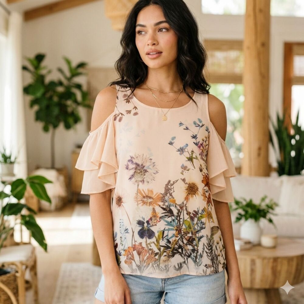 Vocal Voice of California‎ Floral Cold Shoulder Ruffle Top Medium Boho